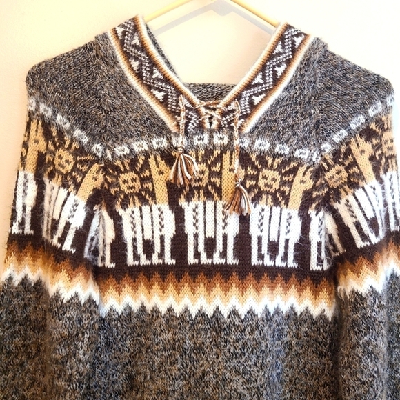Alpaca Knit Handmade Hooded Sweater Aztec Wool Cozy - Picture 3 of 6